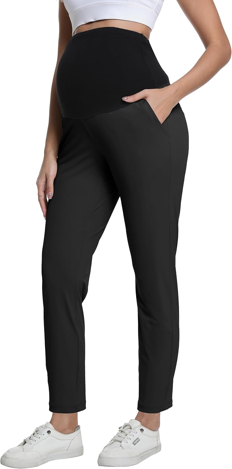 V VOCNI Maternity Pants Quick Dry Stretch Pockets Golf Dressy Work Business Casual Pregnancy Scrub Pants Black Large - Image 1